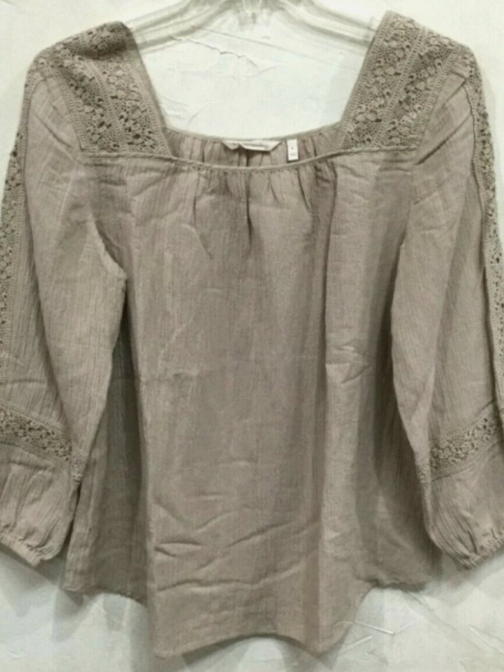 Soft Surroundings Women L 14 16 Peasant Top Blouse Asilah Tan Gauze Long Sleeves